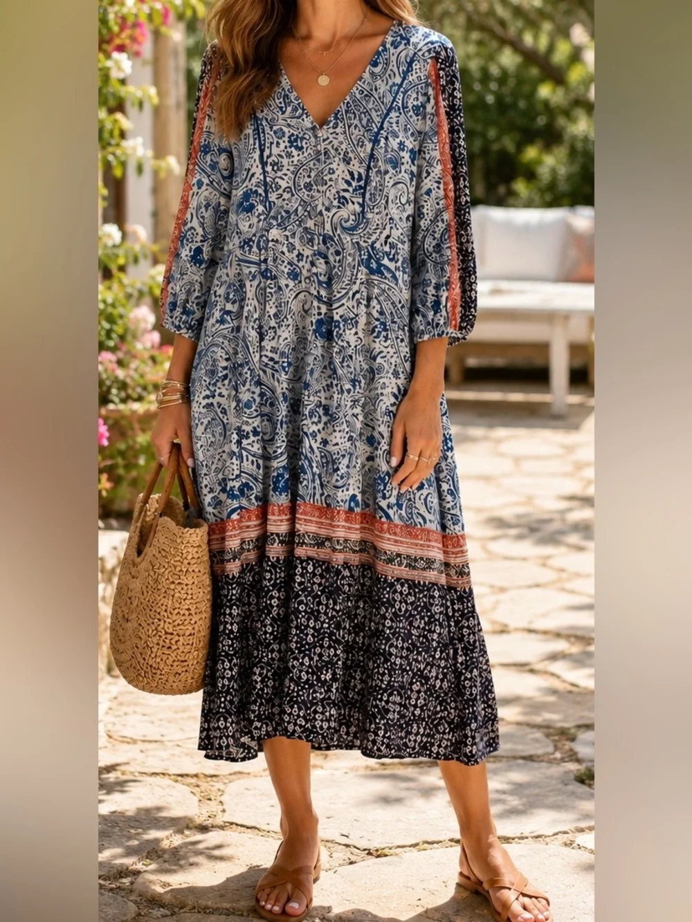 Zara XL Paisley Midi Dress Linen Blend Blue White Red Boho Prairie Resortwear - Picture 1 of 6